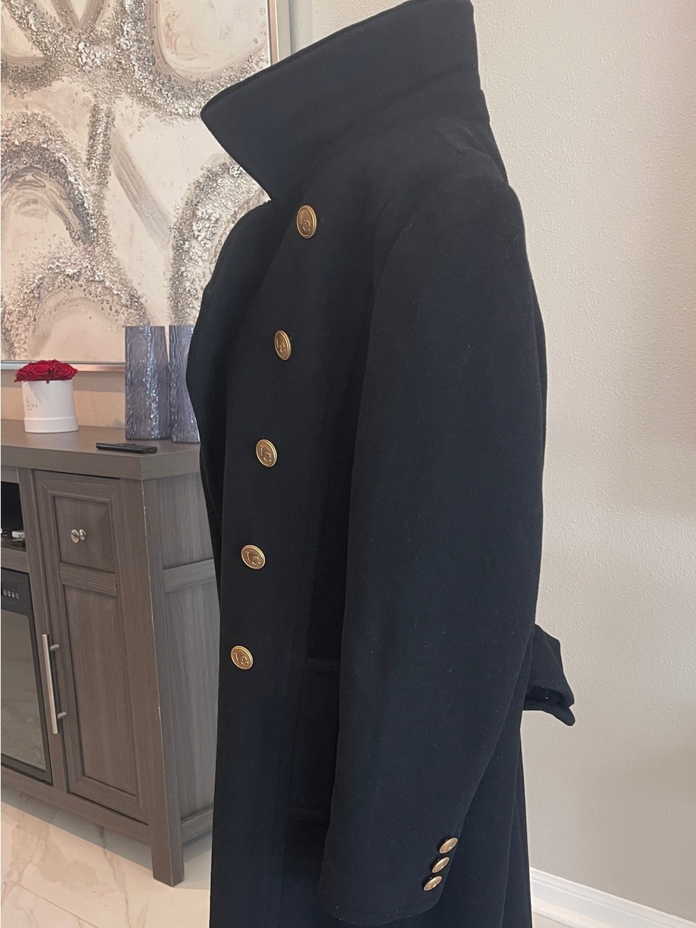 Vintage Liz Claiborne Women Black Double-Breasted Wool Coat, Gold Buttons Sz 12 - Picture 8 of 12